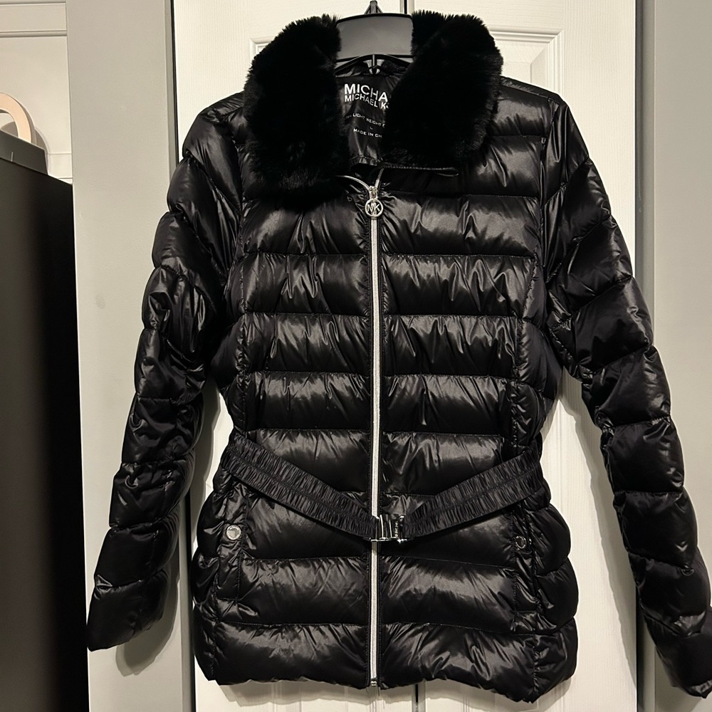 Faux Fur Trim Quilted Nylon Belted Puffer Coat